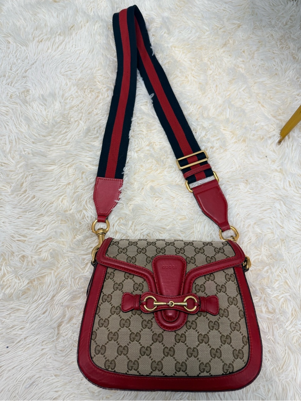 Gucci Beige GG Canvas Crossbody Bag with Red Trim and Navy-Red Strap